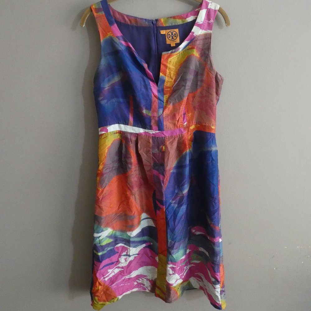 Tory Burch 4 Amalia Silk Multicolor Dress Watercolor Shift Sleeveless